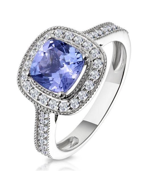 The Diamond Store Metallic 1.60Ct Cushion Tanzanite Diamond Halo Asteria Ring