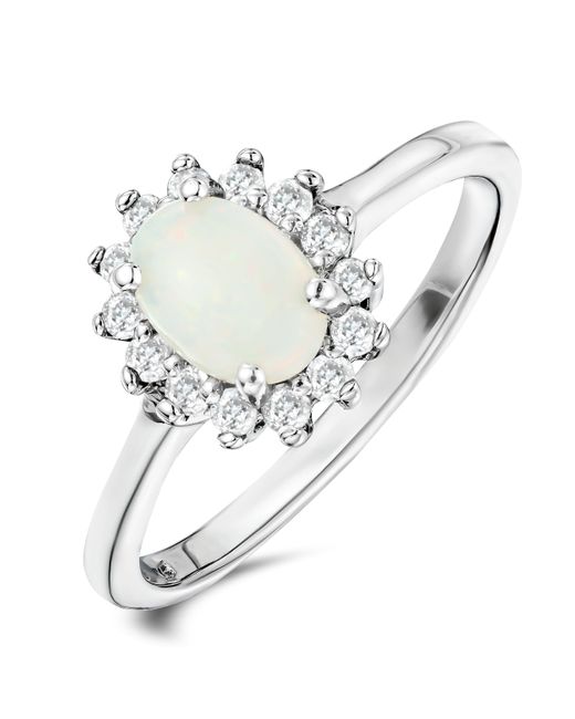 The Diamond Store White Opal 7 X 5Mm And Diamond 925 Sterling Ring