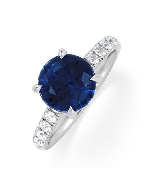 The Diamond Store Blue Amora Gem 2.00Ct Round Cut Lab Sapphire Hidden Halo Engagement Ring With Side Stones