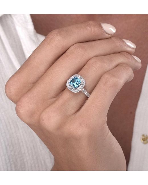The Diamond Store Blue 2.50Ct Cushion Topaz Lab Diamond Halo Asteria Ring 9K