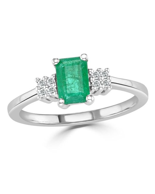 The Diamond Store Green Emerald 6 X 4Mm And Diamond 18K Ring