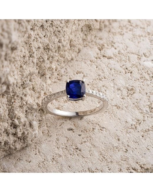 The Diamond Store Blue Astra 2.30Ct Lab Sapphire And Diamond Shoulder Set Cushion Cut Ring