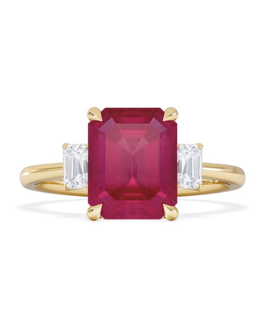 The Diamond Store Pink Solene 2.50Ct Emerald Cut Lab Ruby And Lab Diamond 3 Stone Engagement Ring