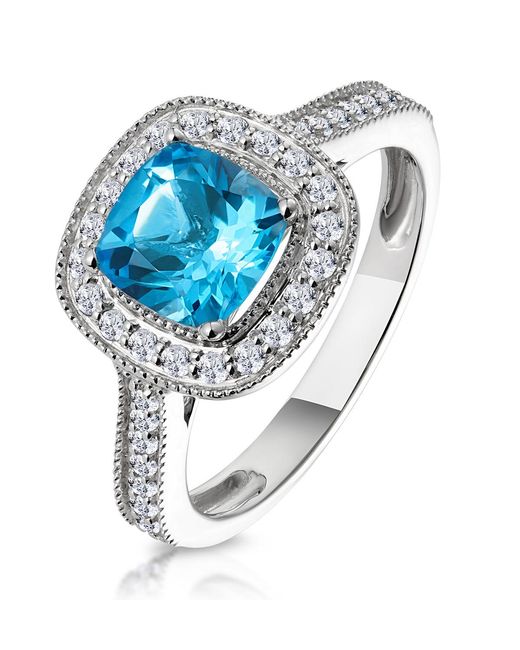 The Diamond Store Blue 2.50Ct Cushion Topaz Lab Diamond Halo Asteria Ring 9K