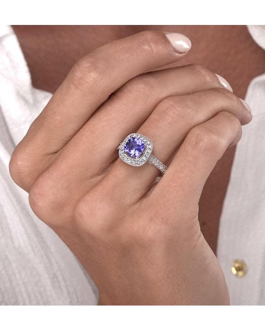 The Diamond Store Metallic 1.60Ct Cushion Tanzanite Diamond Halo Asteria Ring