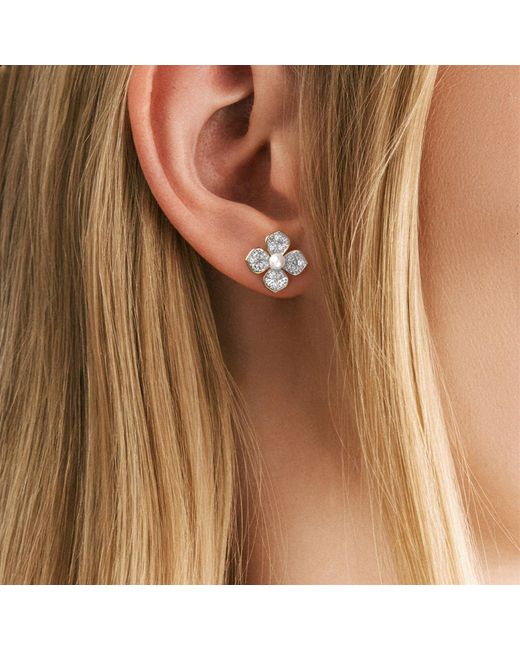 The Diamond Store Metallic Eden 3.5Mm Round Pearl And Lab Diamond Floral Stud Earrings