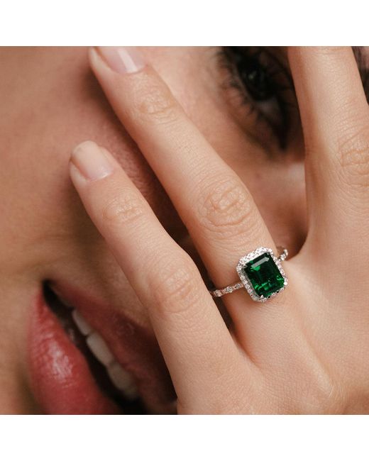 The Diamond Store Green Astra 1.50Ct Lab Emerald And Diamond Halo Shoulder Set Octagon Cut Ring