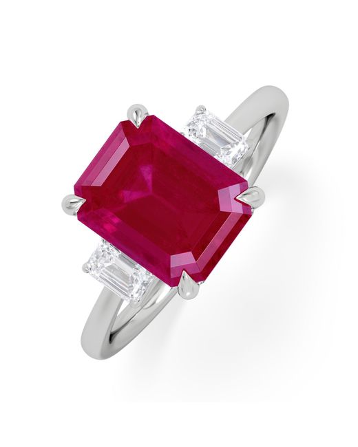 The Diamond Store Red Solene 2.50Ct Emerald Cut Lab Ruby And Lab Diamond 3 Stone Engagement Ring