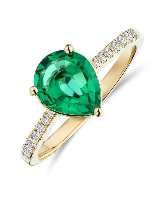 The Diamond Store Green Astra 2.30Ct Lab Emerald And Diamond Shoulder Set Pear Cut Ring