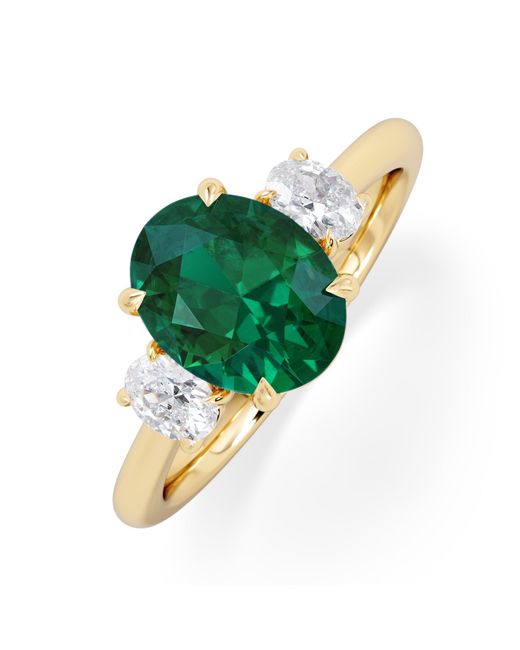 The Diamond Store Green Solene 2.00Ct Oval Lab Emerald And Lab Diamond 3 Stone Engagement Ring
