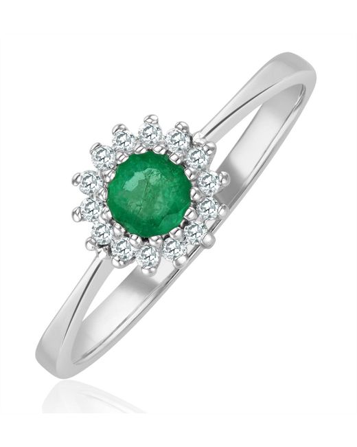 The Diamond Store Green Emerald 3.5 X 3.5Mm And Diamond 18K Ring