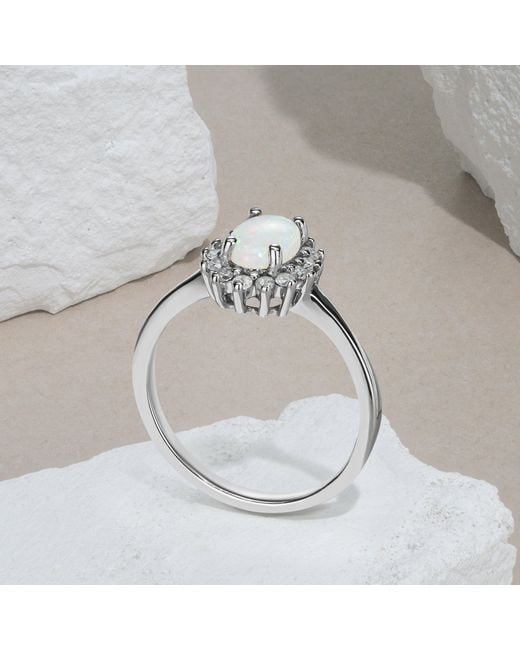 The Diamond Store White Opal 7 X 5Mm And Diamond 925 Sterling Ring