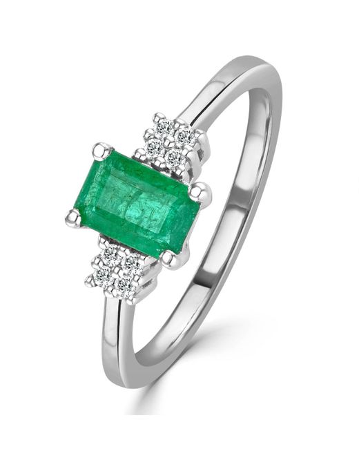 The Diamond Store Green Emerald 6 X 4Mm And Diamond 18K Ring