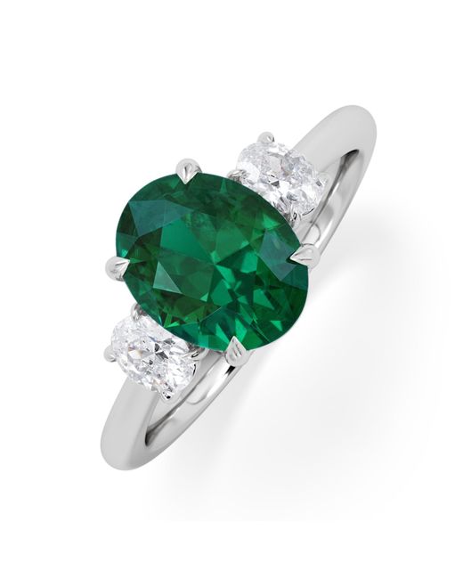 The Diamond Store Green Solene 2.00Ct Oval Cut Lab Emerald And Lab Diamond 3 Stone Engagement Ring