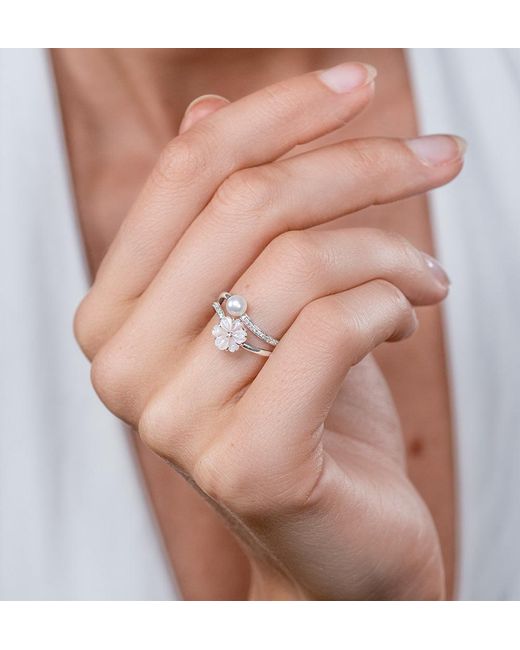 The Diamond Store Metallic 4.5Mm Pearl With Shell And Diamond Stellato Ring
