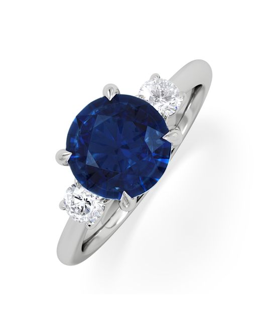 The Diamond Store Blue Solene 2.00Ct Round Cut Lab Sapphire And Lab Diamond 3 Stone Engagement Ring
