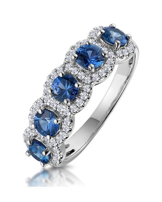 The Diamond Store Blue Sapphire And Diamond Halo 5 Stone Asteria Ring