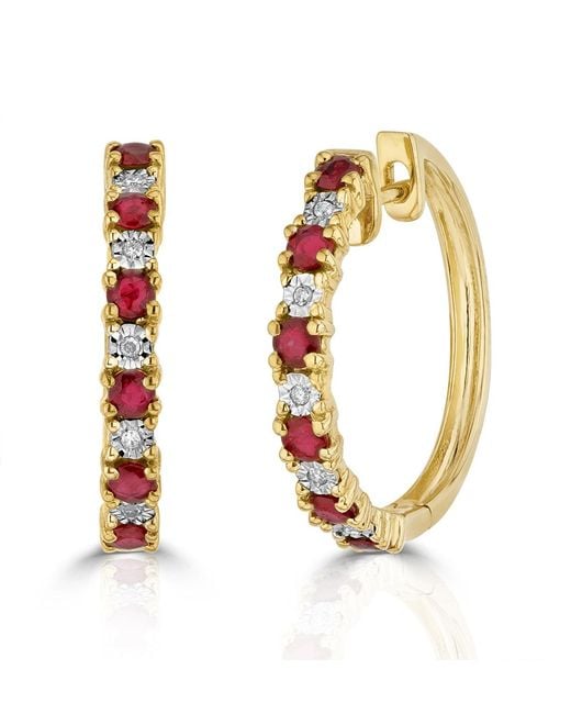The Diamond Store Metallic Stellato 0.86Ct Round Cut Ruby And Lab Diamond Hoop Earrings