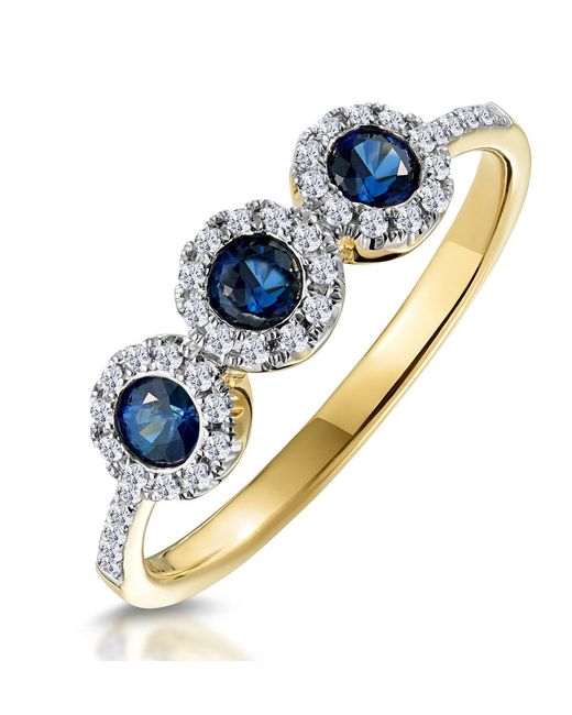 The Diamond Store Blue Sapphire And Lab Diamond Halo Trilogy Ring 9K