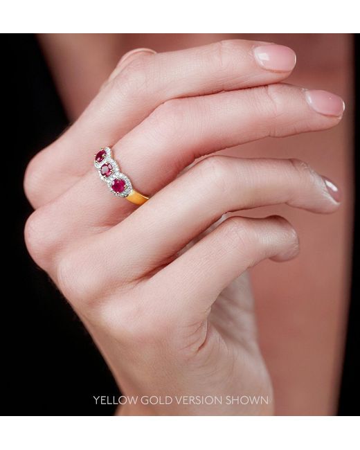 The Diamond Store Metallic Ruby And Lab Diamond Halo Trilogy Ring