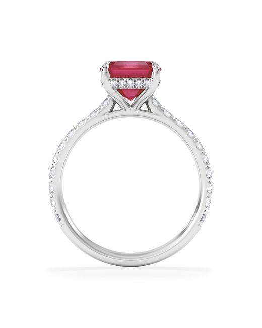 The Diamond Store Red Amora Gem 2.50Ct Emerald Cut Lab Ruby Hidden Halo Engagement Ring With Side Stones