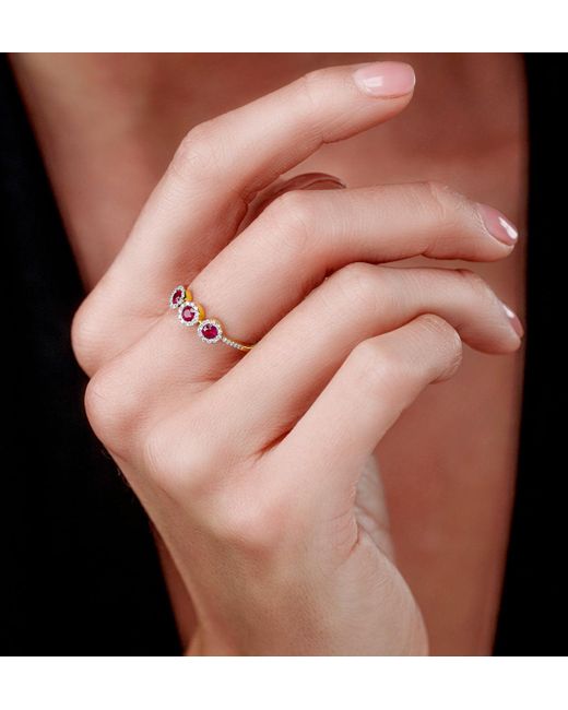 The Diamond Store Metallic Ruby And Lab Diamond Halo Trilogy Ring 9K