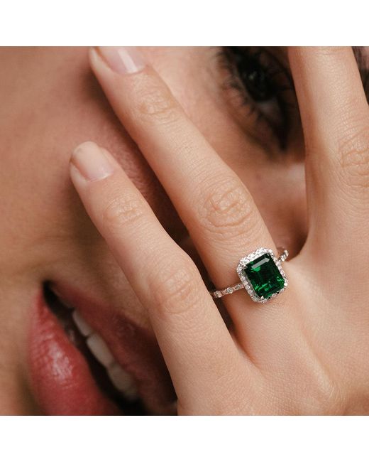 The Diamond Store Green Astra 1.50Ct Lab Emerald And Diamond Halo Shoulder Set Octagon Cut Ring