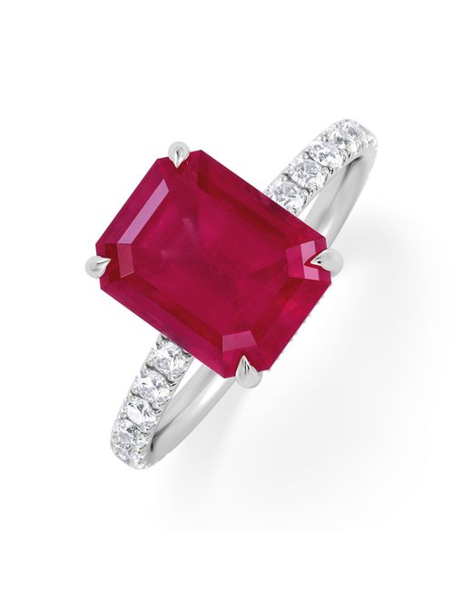 The Diamond Store Red Amora Gem 2.50Ct Emerald Cut Lab Ruby Hidden Halo Engagement Ring With Side Stones