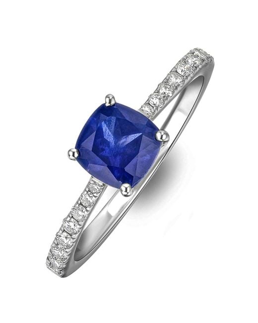 The Diamond Store Blue Astra 2.30Ct Lab Sapphire And Diamond Shoulder Set Cushion Cut Ring