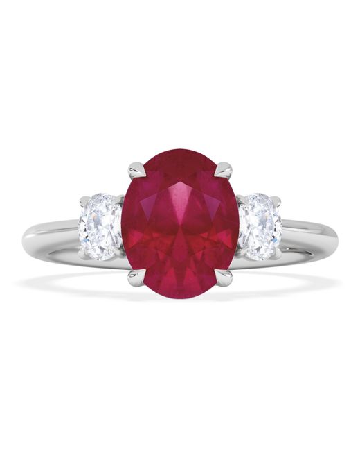 The Diamond Store Red Solene 2.00Ct Oval Cut Lab Ruby And Lab Diamond 3 Stone Engagement Ring
