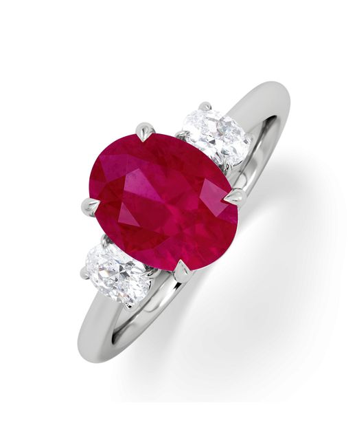 The Diamond Store Red Solene 2.00Ct Oval Cut Lab Ruby And Lab Diamond 3 Stone Engagement Ring