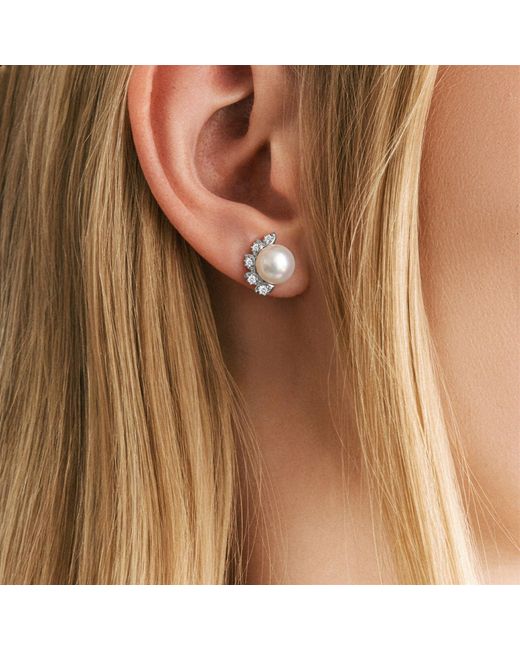 The Diamond Store White Eden 7.5Mm Round Pearl And Lab Diamond Stud Earrings