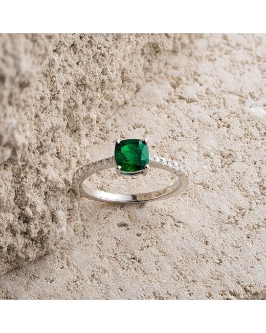 The Diamond Store Green Astra 1.70Ct Lab Emerald And Diamond Shoulder Set Cushion Cut Ring