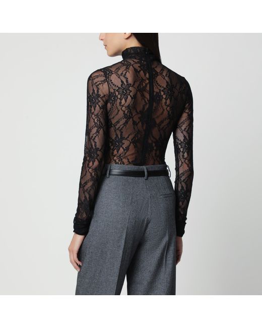 ANDAMANE Black Semi-Sheer Lace Turtleneck Bodysuit