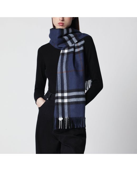 Burberry Blue Cashmere Scarf With Check Pattern