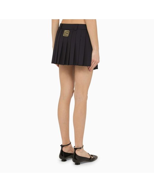 Miu Miu Black Wool Pleated Miniskirt With Logo