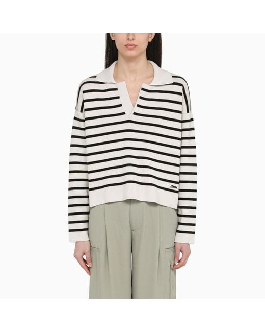 AMI Chalk White/black Striped Sweater In Wool And Cotton
