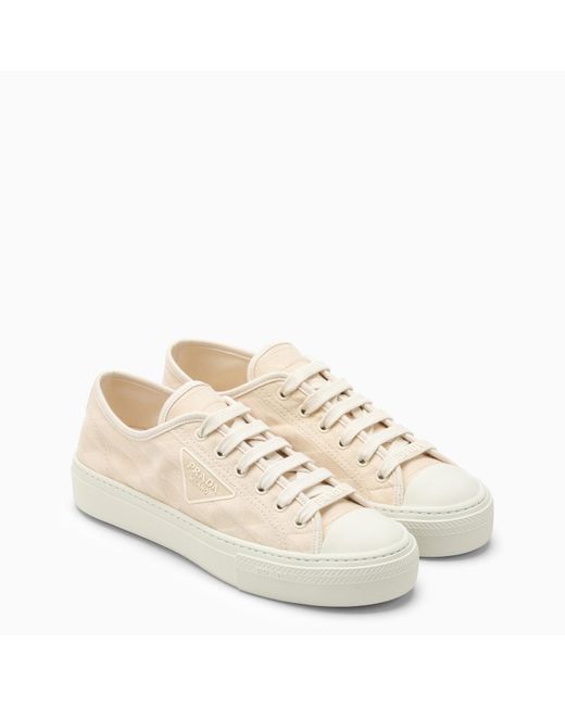Prada Natural Ivory Fabric Trainer With Logo Embroidery