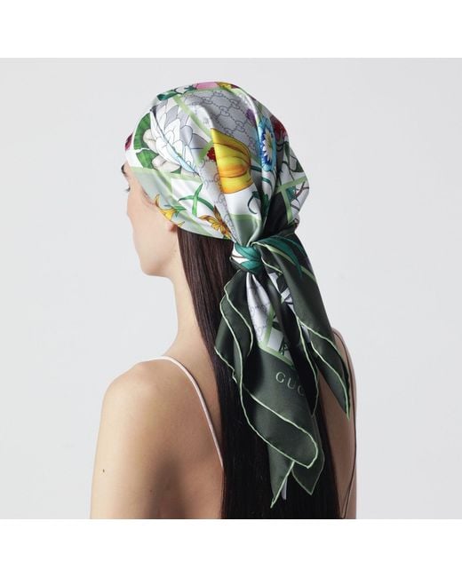 Gucci Green Silk Twill Scarf With Flora Print