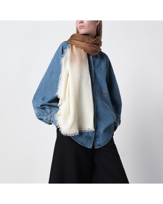 Loewe Natural Wool And Silk Jacquard Scarf With Fringe