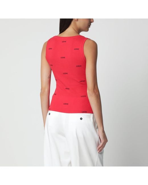 Loewe Red Ribbed Cotton Tank Top With Logo Embroidery