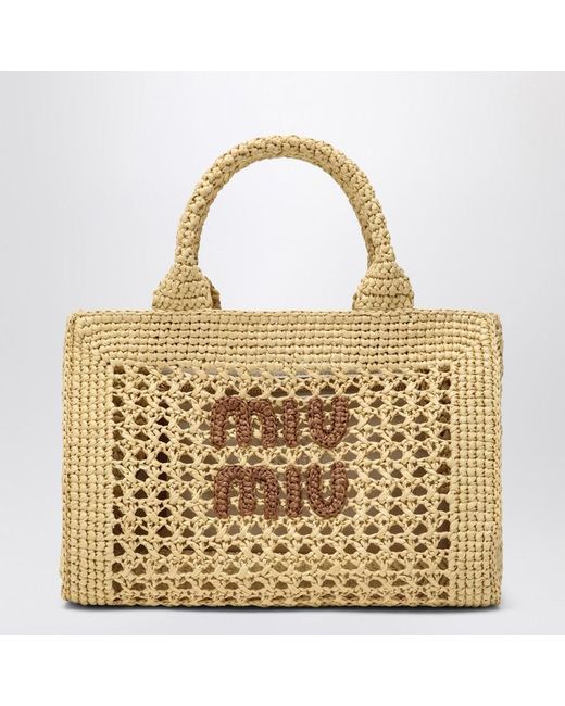 Borsa a mano beige/cognac in filato effetto raffia di Miu Miu in Metallic