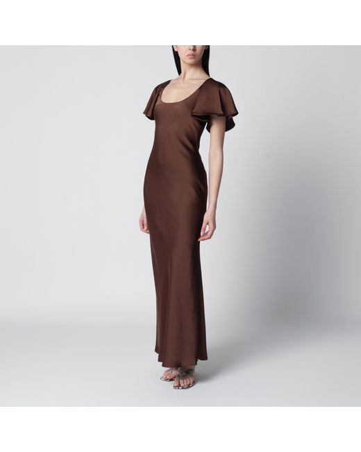 ROTATE BIRGER CHRISTENSEN Brown Long Satin Dress With Flutter Sleeves