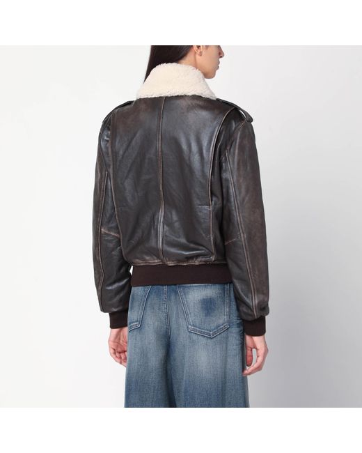 Halfboy Black Leather Bomber Jacket With Shearling Collar