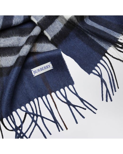 Burberry Blue Cashmere Scarf With Check Pattern
