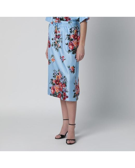 Dolce & Gabbana Blue Silk Twill Skirt With Floral Print