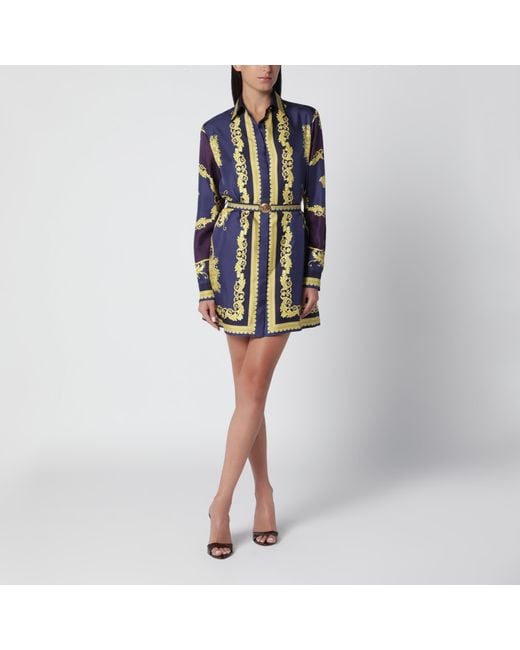 Versace Blue Eggplant Chemisier Mini Dress With Baroque Print
