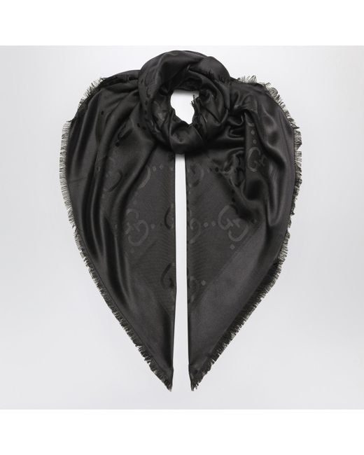 Gucci Black Gg Jacquard Frayed Scarf