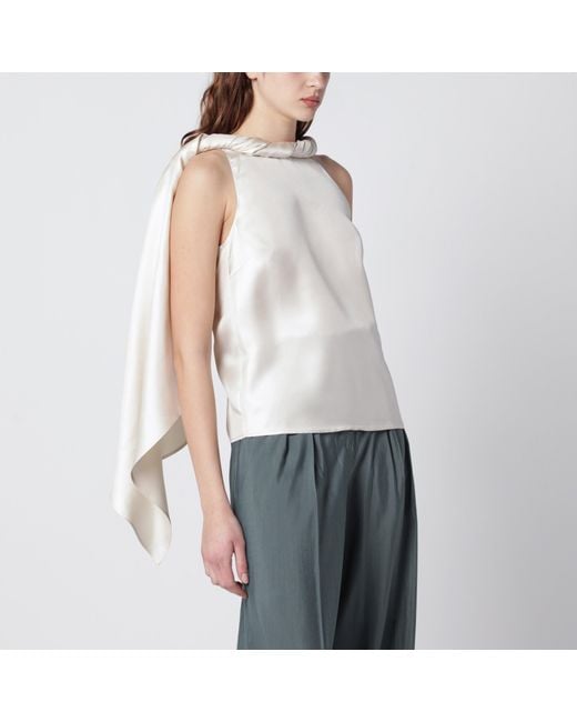 Loulou de Saison Natural Wilma Silk Twill Top With A Twisted Collar And Scarf Detail