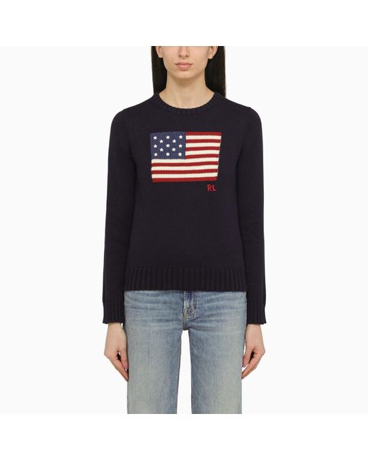 Polo Ralph Lauren Black Navy Blue Cotton Crew Neck Sweater With Flag